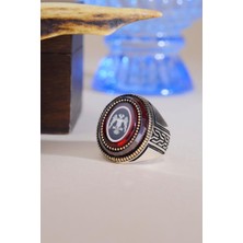İnnuendo Jewelry 925 Ayar Gümüş Kırmızı Taşlı Çift Başlı Kartal Motifli Erkek Yüzük