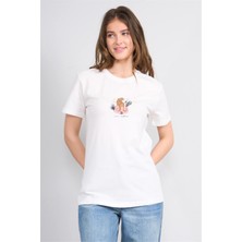 Çetinkaya Fithit 8889 Bayan Bisiklet Yaka Regular Baskılı T-Shirt Krem