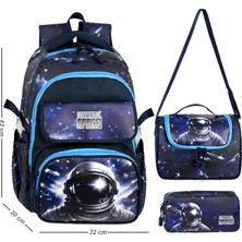 Niss Store Deri Baskılı Cool Astronot Erkek Okul Çantası Termal Beslenme Çantası ve Deri Kalemlik 3 Lü Set