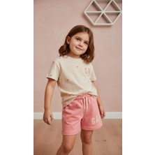 BeU Kids 2'li Takım %100 Pamuk Kalp Baskılı Kısa Kollu Tişört Şort Kız Çocuk Takım