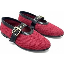 Ne&Ve Shoes Bordo File Dokuma Tek Bantlı Yuvarlak Burun Kadın Şık ve Rahat Babet