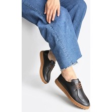 OEY Fashions Guot Siyah Cilt Bağcıklı Babet Ayakkabı