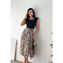 Neşeli Butik Kadın Bej Modern Kesim Vatkalı Asimetrik Kesim Mermer Desen Elbise NBK4593