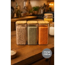 Nesto Home 3'lü 2100 ml Ahşap Kapaklı Silikon Contalı Plastik Saklama Kabı Seti Hava Geçirmez Bakliyat Kabı