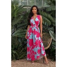 Mossta Kruvaze Yaka Çiçek Desenli Süprem Elbise - Pembe