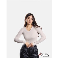 Alya Underwear Pamuklu Kaşkorse V Yaka Body Sweatshirt, Fitilli Kumaş Bluz Likralı, Ekru Badi