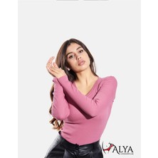Alya Underwear Kaşkorse V Yaka Body Sweatshirt, Fitilli Kumaş, Likralı, Gül Kurusu