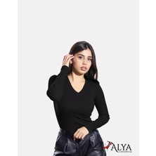 Alya Underwear Pamuklu Kaşkorse V Yaka Body Sweatshirt, Fitilli Kumaş Likralı Bluz, Siyah Badi