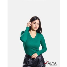 Alya Underwear Pamuklu Kaşkorse V Yaka Body Sweatshirt, Fitilli Kumaş Likralı Bluz, Çimen Yeşili Badi