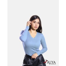 Alya Underwear Kaşkorse V Yaka Body Sweatshirt, Fitilli Kumaş, Likralı, Açık Mavi
