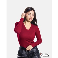 Alya Underwear Kaşkorse V Yaka Body Sweatshirt, Fitilli Kumaş, Likralı, Bordo
