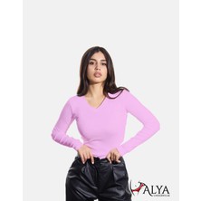 Alya Underwear Kaşkorse V Yaka Body Sweatshirt, Fitilli Kumaş Bluz Likralı, Lila Badi