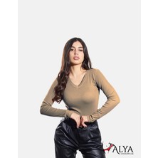 Alya Underwear Kaşkorse V Yaka Body Sweatshirt, Fitilli Kumaş, Likralı, Kahve Melanj