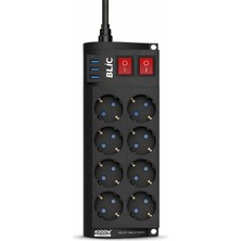 Blackbird Game Center Blic Ftr-08 8li Akım Korumalı Priz 4000W 3 USB Girişli Siyah Çoklu Priz 2m Kablo ile Güvenli Kullanım