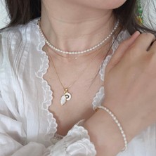 Çiçek Art Studio Kadın Günlük Pirinç Inci Kolye ve Bileklik Seti Gold Çelik Aparat Şık Takım