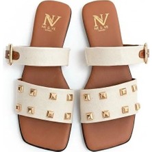 Ne&Ve Shoes Bej Keten Aksesuar Detaylı Içten Lastikli Kare Burunlu Terlik