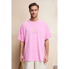 Grimelange SAMANTHO Erkek Yumuşak Ve Organik Pamuklu Yıkamalı Baskı Detaylı Pembe T-Shirt