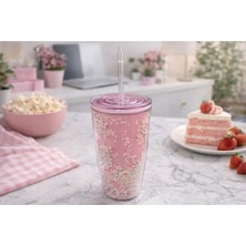 Bm House Bmhouse Pipetli Çift Katmanlı Plastik Bardak Tumbler Soğuk Içecek Bardağı Kapaklı Şeffaf Kupa
