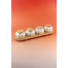 Bursa Porselen Dekor Mine Çiçeği Bambu Standlı 4 Lü Porselen Baharatlık