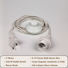 Retro Vitrini E14 Duylu Beyaz Kablo Seti 3 Metre – Anahtarlı Fişli (2x0,50 Hazır Kurulu ve Seyyar).