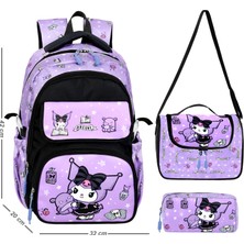 Niss Store Deri Baskılı Şirin Kuromi Temalı Kız Okul Çantası Termal Beslenme Çantası ve Deri Kalemlik 3'lü Set