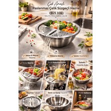 Bm House Bmhouse Paslanmaz Çelik Süzgeçli Karıştırma Kabı Rende Kapaklı Sebze Meyve Yıkama ve Makarna Süzme Kabı