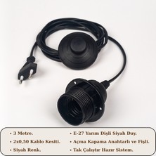 Retro Vitrini E27 Duylu Siyah Kablo Seti 3 Metre – Anahtarlı Fişli (2x0,50 Hazır Kurulu ve Seyyar).
