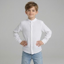 NR Nar Rengi Erkek Çocuk Beyaz Müslin Gömlek %100 Pamuk Hakim Yaka Yazlık Rahat Gömlek