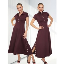 Qimya Butik Buketli Kadın Dik Yakası ve Iki Yanı Çıt Çıt Detaylı Tok Penye Kısa Kollu Uzun Elbise