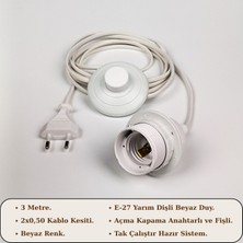 Retro Vitrini E27 Duylu Beyaz Kablo Seti 3 Metre – Anahtarlı Fişli (2x0,50 Hazır Kurulu ve Seyyar).