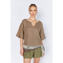 Kadın Keten Bluz Vizon Keten Bluz
