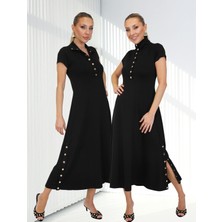 Qimya Butik Buketli Kadın Dik Yakası ve Iki Yanı Çıt Çıt Detaylı Tok Penye Kısa Kollu Uzun Elbise