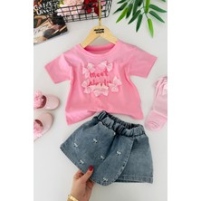 Miniğimin Cicileri Fiyonk Detaylı Meet Kız Çocuk Kot Şort Etekli 2 Li Takım - Pembe