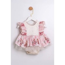 Miniğimin Cicileri Vintage Tavşan Baskılı Fırfır Detaylı Tül Kız Bebek Elbise - Pudra