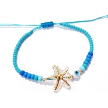 Funny Takı Yaldızlı Şeffaf Deniz Yıldızlı Nazar ve Çek Cam Boncuklu Bileklik