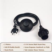 Retro Vitrini E14 Duylu Siyah Kablo Seti 3 Metre – Anahtarlı Fişli (2x0,50 Hazır Kurulu ve Seyyar).