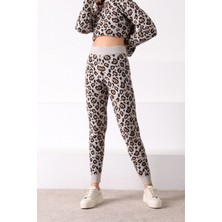 Ferraro Kadın Açık Bej Leopar Desenli Dar Paça Kaşmirli Triko Pantolon