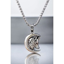 Ak Store Silver Erkek, Türklüğün Sembolü Hilal Içinde Bozkurt Figürlü K-103 Paslanmaz Kromix Çelik Gümüş Kaplama Kolye Madalyon