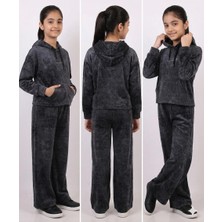 HaanBebe Kız Çocuk Antrasit Batik Desenli Kadife Eşofman Takımı - Kapüşonlu Sweatshirt ve Geniş Paça Pantolon