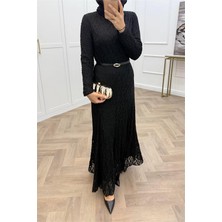 Dip Moda Dipmoda Kadın Siyah Dantel Kumaş Maxi Boy Tesettür Elbise