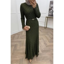 Dip Moda Dipmoda Kadın Yeşil Dantel Kumaş Maxi Boy Tesettür Elbise