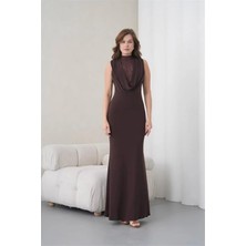 Dip Moda Kadın Kahverengi Dantelli Yaka Detaylı Abiye Elbise DPS9385