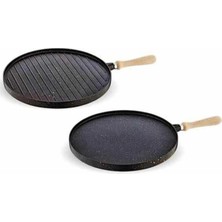 Nishev.com Evini Sev Premium Ahşap Kulplu Granit Gözleme & Bazlama Tavası 34 cm