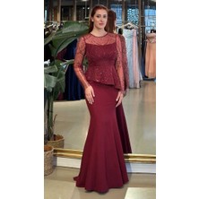Abiyeniall Bordo  Uzun Kollu    Balık Etekli  Krep Uzun Abiye Elbise 11236-02