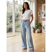 Bees Jeans Camelia Kadın Açık Mavi Beli Lastikli Bagcıklı Cepli Bol Paça Palazzo Kot Pantolon - Tesettüre Uygun