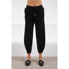 Ferraro Siyah Cepli ve Bağcıklı Yüksek Bel Paçası Lastikli Kaşmirli Kadın Triko Pantolon