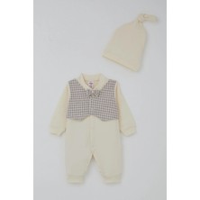 Breeze Erkek Bebek Tulum Sabit Papyonlu Yelekli Kazayağı Desenli 0-6 Ay, Krem