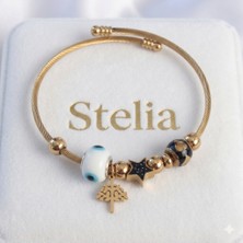 Stelia 316L Çelik Gold Renk Siyah Zirkon Taşlı Yıldız Tasarımlı Ağaç Detay Nazarlı Charm Bileklik
