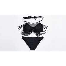 Zi Siyah Taşlı Püsküllü Dantel Detaylı Yarım Dolgulu Üçgen Bikini Takımı