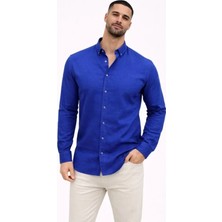 Erkek Keten Kumaş Oversize Uzun Kollu Rahat Kalıp Gömlek - Saks Mavisi